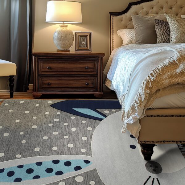 A gray and blue rabbit rug with white and navy spots sits beside a dark wood bedside table.