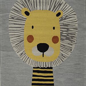 Stylized lion rug in grey, yellow, black, and brown colors with grey looped tassels along the short edges.