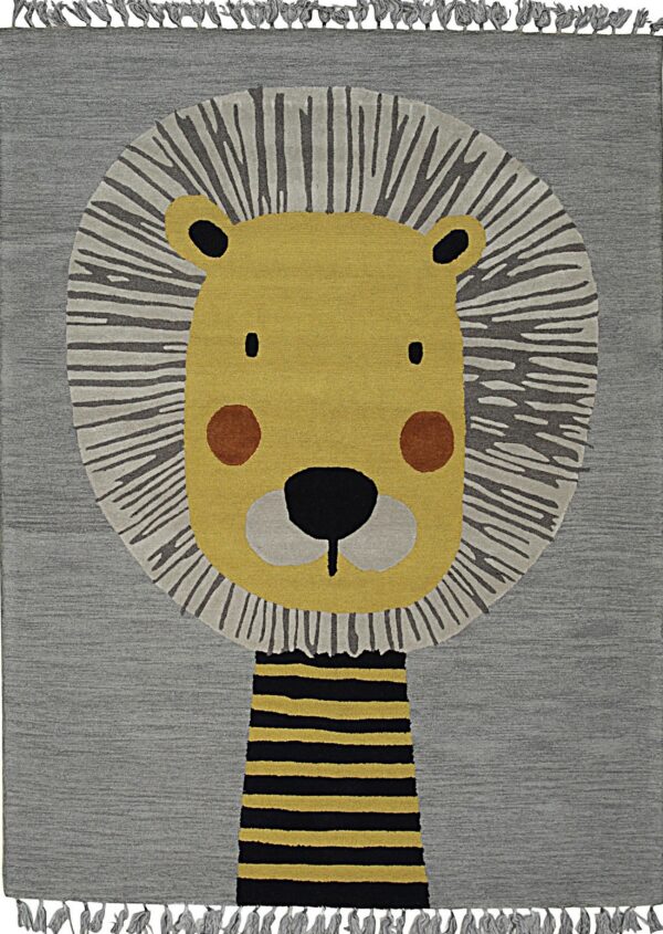Stylized lion rug in grey, yellow, black, and brown colors with grey looped tassels along the short edges.