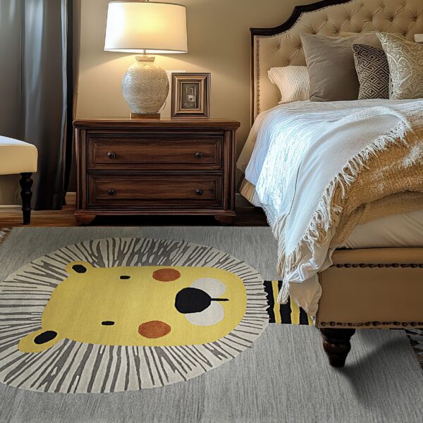 A grey rug with a large yellow lion face design anchors a traditional bedroom setting.