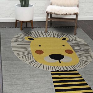 Gray rug featuring a stylized yellow lion face and black and yellow striped body on dark wood flooring.