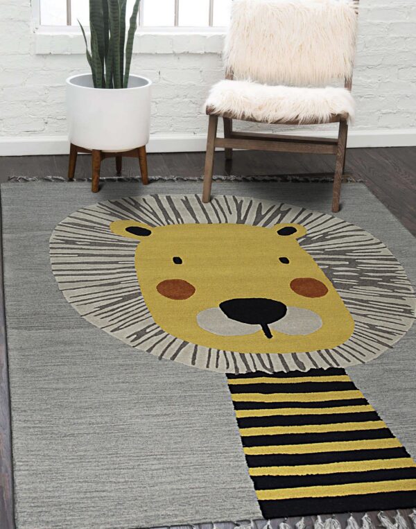 Gray rug featuring a stylized yellow lion face and black and yellow striped body on dark wood flooring.