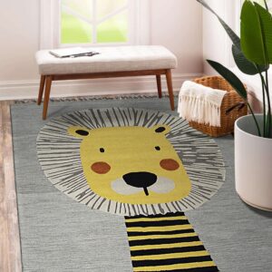 Low-pile gray rug featuring a large yellow lion graphic lies beneath an upholstered bench.
