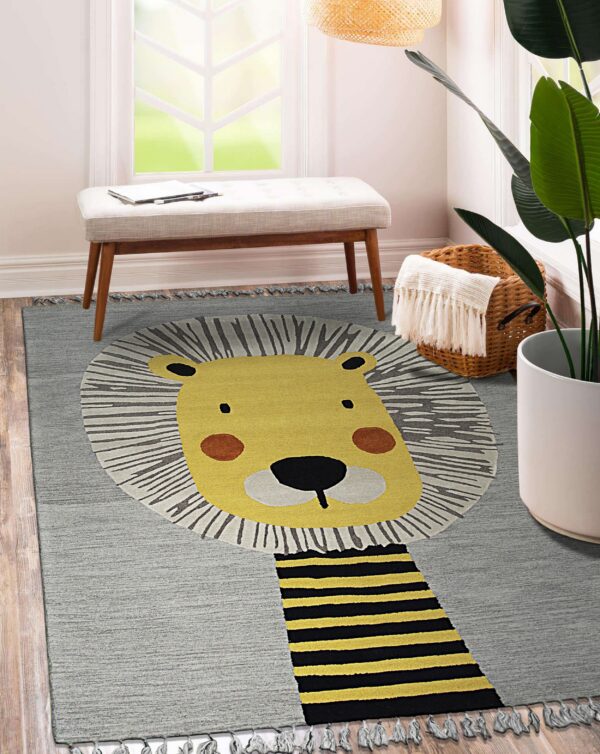 Low-pile gray rug featuring a large yellow lion graphic lies beneath an upholstered bench.
