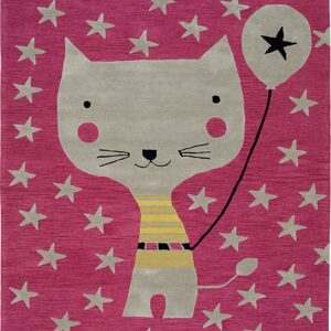 Textured magenta rug featuring a playful gray cat and star design with contrasting pile heights and tassels.
