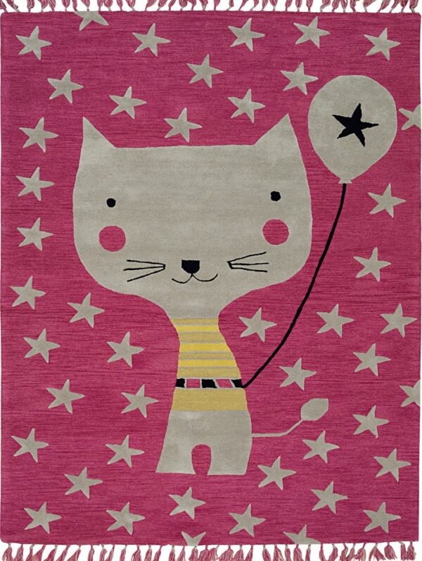 Textured magenta rug featuring a playful gray cat and star design with contrasting pile heights and tassels.