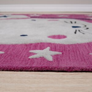 Close-up of a magenta rug with a white cat and stars pattern on light wood floor.