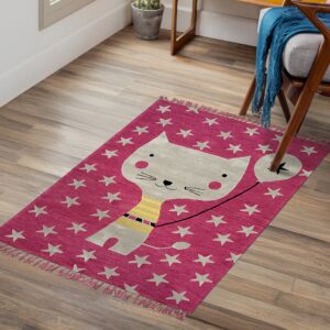 Low pile pink rug with a gray cat holding a balloon and scattered stars on a wood floor.
