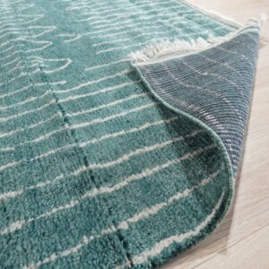 Teal shag rug with white stripes rolled back, revealing the gray backing on light wood floors.