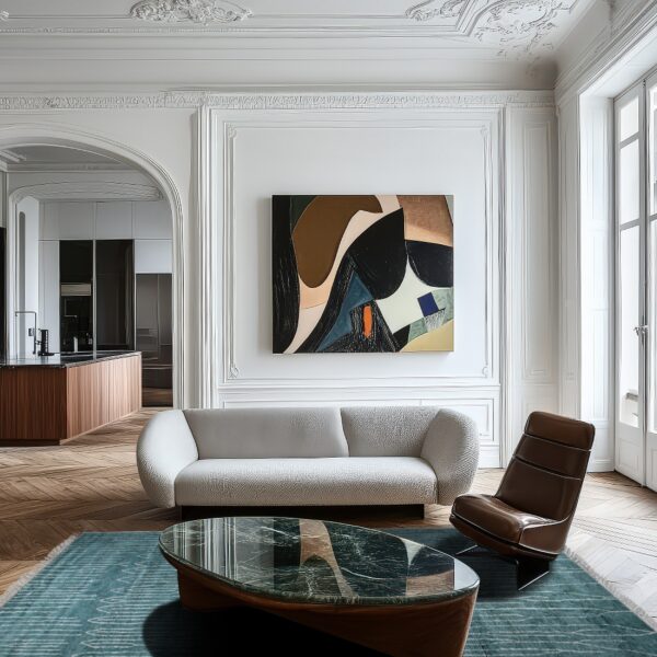 Low-pile teal rug with thin white lines beneath a white sofa and brown leather chair.