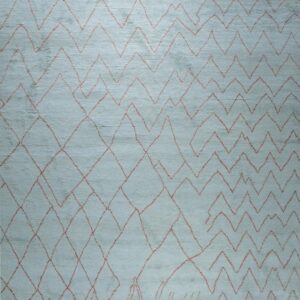 Light blue rug with irregular, repeating red zigzag lines and large geometric diamond shapes.