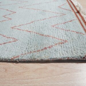 Mottled high-pile rug in light blue with red zigzag lines, showing fringe and light wood flooring.