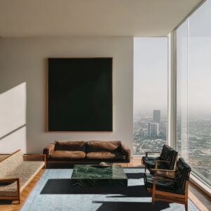 A pale blue rug with a thin red line pattern anchors a living room with brown leather seating and city views.
