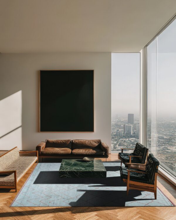 A pale blue rug with a thin red line pattern anchors a living room with brown leather seating and city views.