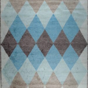 A low pile rug featuring an argyle pattern of diamonds in blue, taupe, and light gray.
