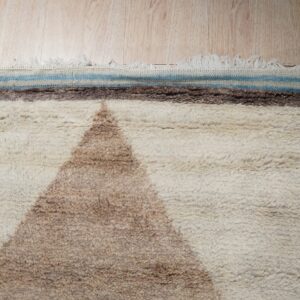 Shaggy cream and brown geometric rug edge featuring blue stripes and white fringe on a wood floor.