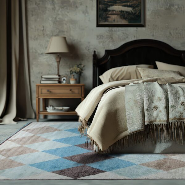 Diamond pattern rug in shades of blue, tan, and dark gray rests before a bed and nightstand.