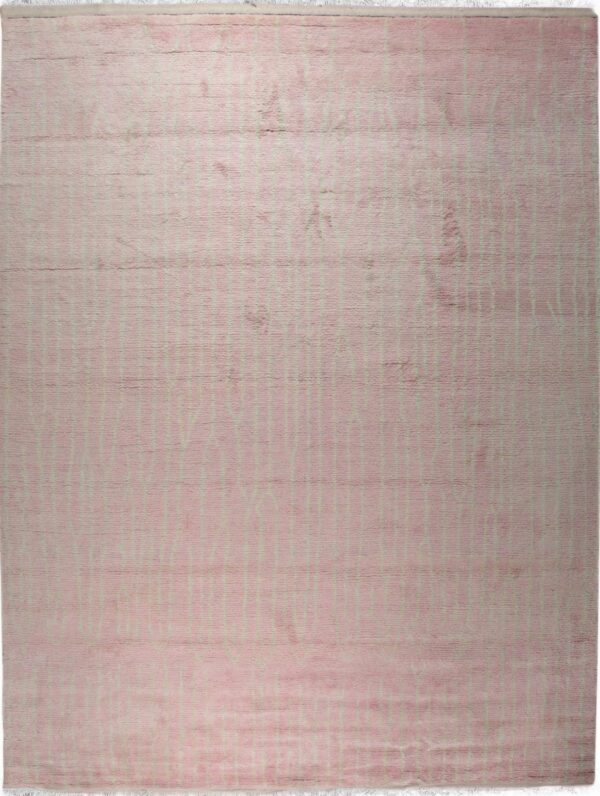 A shaggy pink rug featuring a repeating pattern of faint vertical lines and white fringe.