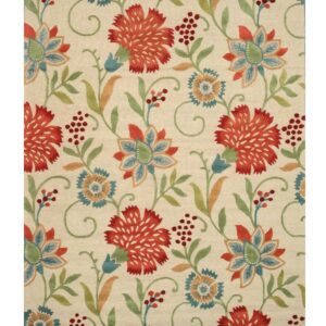 A textured low-pile cream rug displays repeating large red, teal, and green floral patterns.