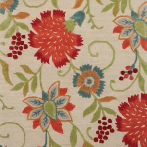Cream rug with a dense floral and vine pattern in red, teal, green, and orange colors.