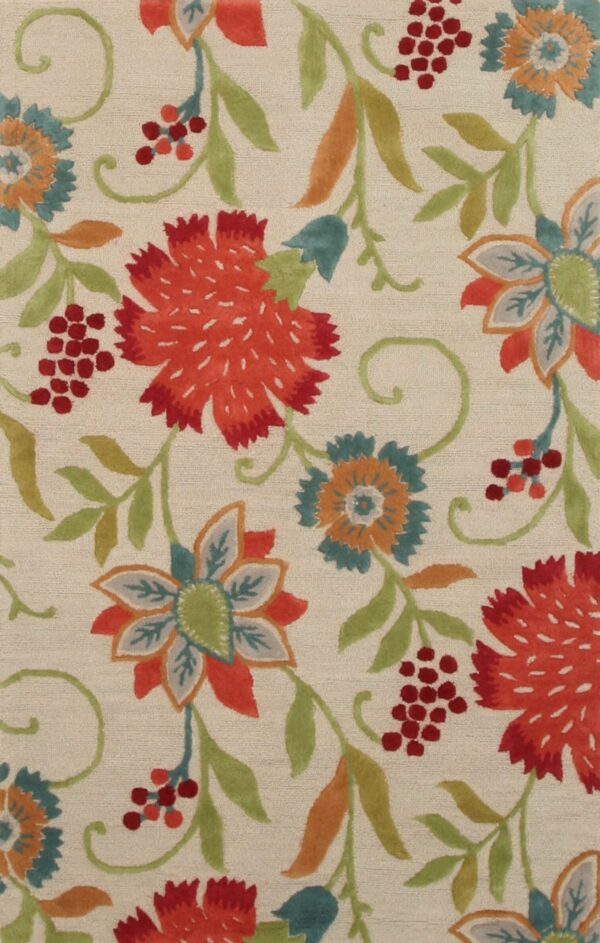 Cream rug with a dense floral and vine pattern in red, teal, green, and orange colors.