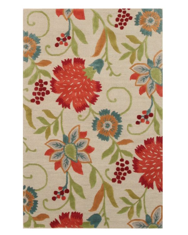 Rectangular rug with a large multicolored floral and vine pattern on a cream background.