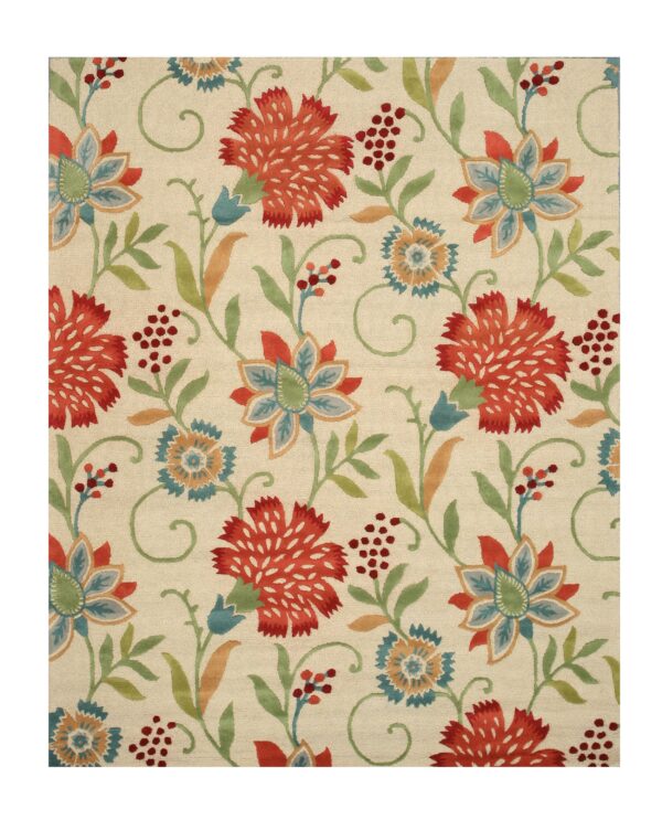 A textured low-pile cream rug displays repeating large red, teal, and green floral patterns.