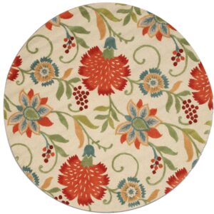 Circular rug displaying a large floral pattern on a cream background with red, green, orange, and teal elements.