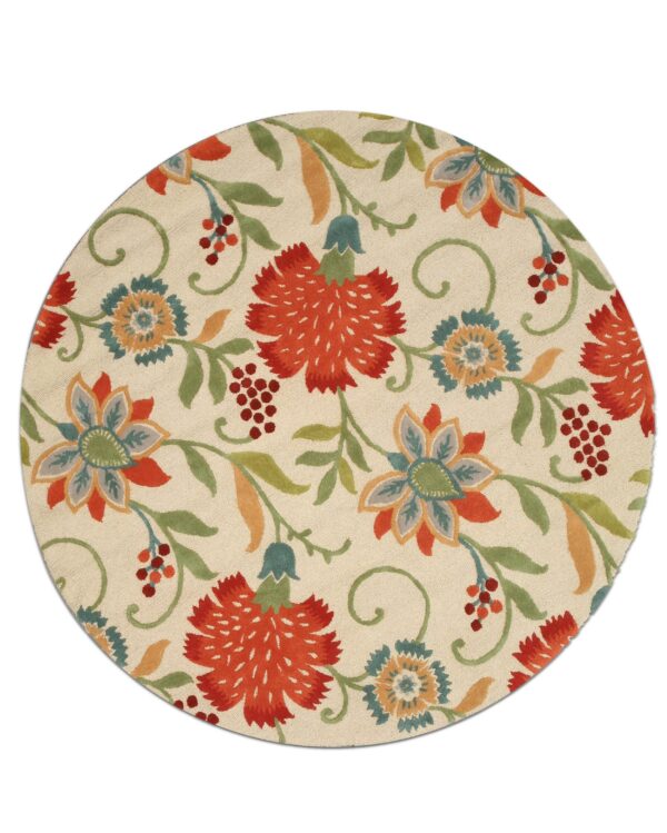 Round rug with a low pile features large red, blue, green, and orange floral patterns on an ivory background.