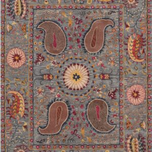 Ornate traditional blue-gray rug with brown paisley motifs, red floral borders, and yellow botanical accents.