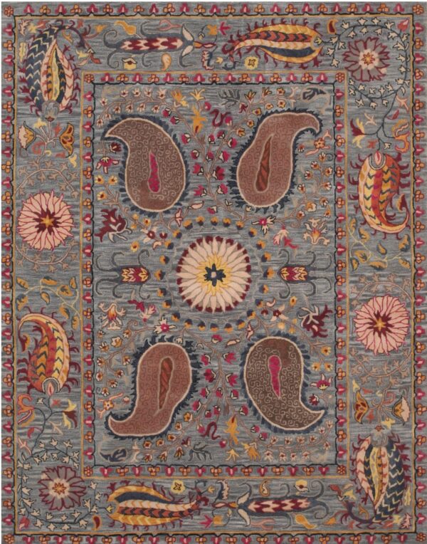 Ornate traditional blue-gray rug with brown paisley motifs, red floral borders, and yellow botanical accents.