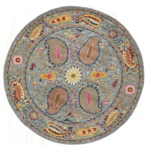 Circular blue-gray rug with a detailed multicolored botanical and paisley medallion design.