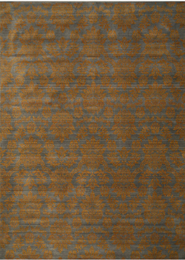 Charcoal grey rug featuring a distressed saffron floral pattern on a striated, low-pile background.