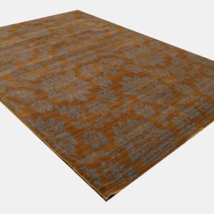 Rust-colored low-pile rug with subtle slate gray botanical motifs displayed on a white background.