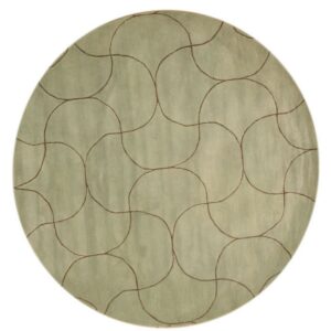 A round, low-pile, sage green rug features a continuous, looping dark brown abstract pattern on a white background.