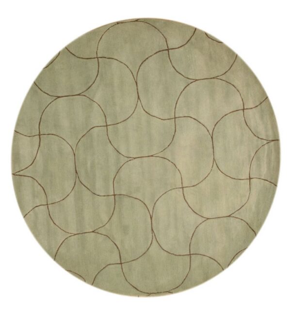 A round, low-pile, sage green rug features a continuous, looping dark brown abstract pattern on a white background.