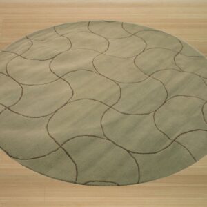 Plush, round taupe rug featuring an interlocking brown line design on natural wood flooring.