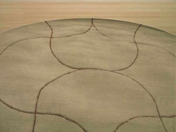 Dense, textured beige rug featuring thin, darker brown, abstract lines rests on light blonde wood flooring.