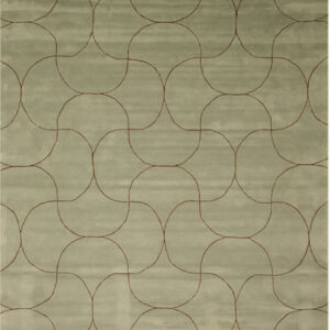 Muted green rug with sheen and a repeating dark brown, curved geometric pattern.