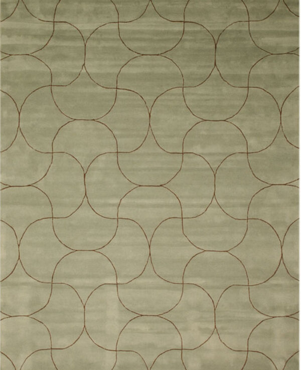 Muted green rug with sheen and a repeating dark brown, curved geometric pattern.