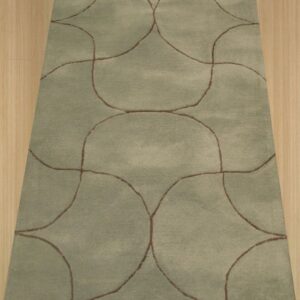 Light green rug with a repeating dark brown curved geometric pattern lies centered on wooden flooring.