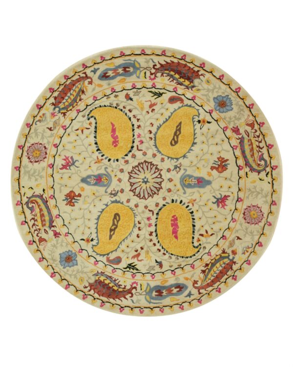 Circular rug with a cream field and an intricate paisley and multi-color floral medallion design.
