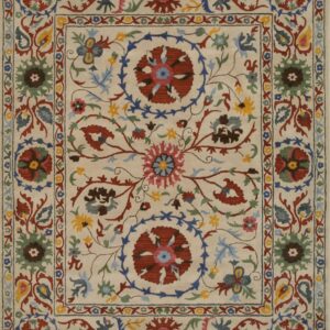 Ivory rug with ornate floral designs in red, blue, green, and yellow across the field and multiple borders.
