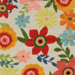 Vibrant, multi-colored floral rug with red, yellow, orange, and blue blooms on a light beige background.
