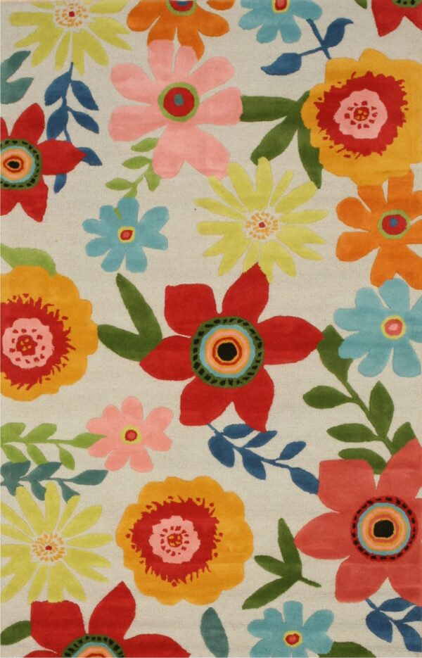 Vibrant, multi-colored floral rug with red, yellow, orange, and blue blooms on a light beige background.