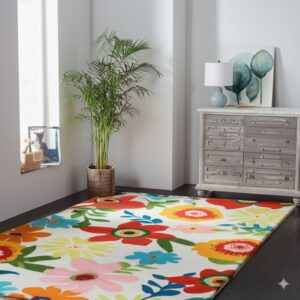 A colorful, floral rug on dark wood flooring next to a distressed gray dresser and a tall plant.