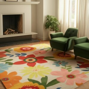 Colorful rug with a large-scale floral pattern on wood floors near a white fireplace.