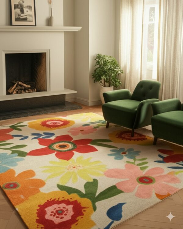 Colorful rug with a large-scale floral pattern on wood floors near a white fireplace.