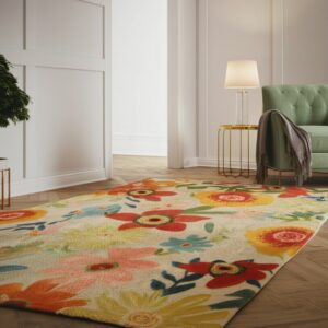 A brightly colored floral area rug rests on wood parquet flooring beside a green chair and gold accent table.