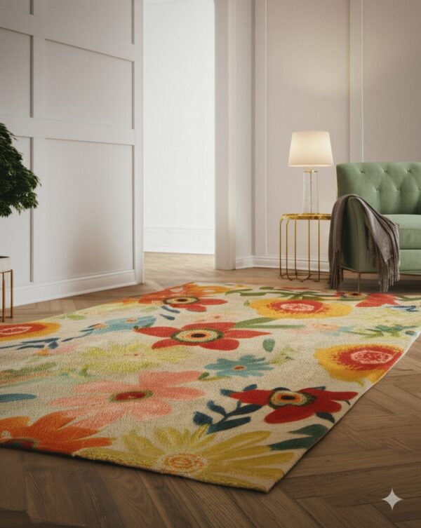 A brightly colored floral area rug rests on wood parquet flooring beside a green chair and gold accent table.